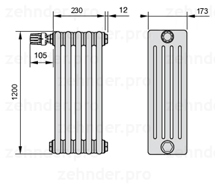 Схема (чертеж) Радиатор Zehnder Charleston 5120/5 №V012 Белый глянцевый RAL 9016
